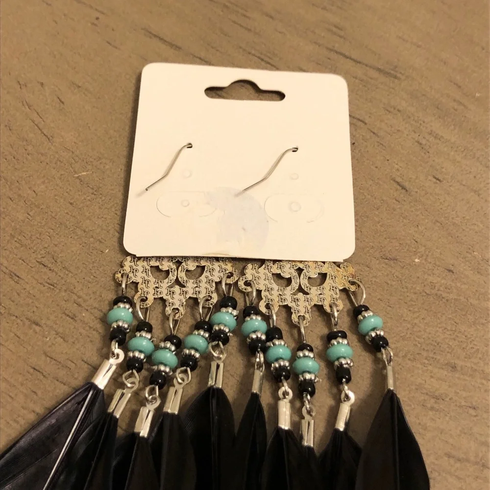 Black Feather Bohemian Dangle Earrings With Blue Beads Fashion Jewelry